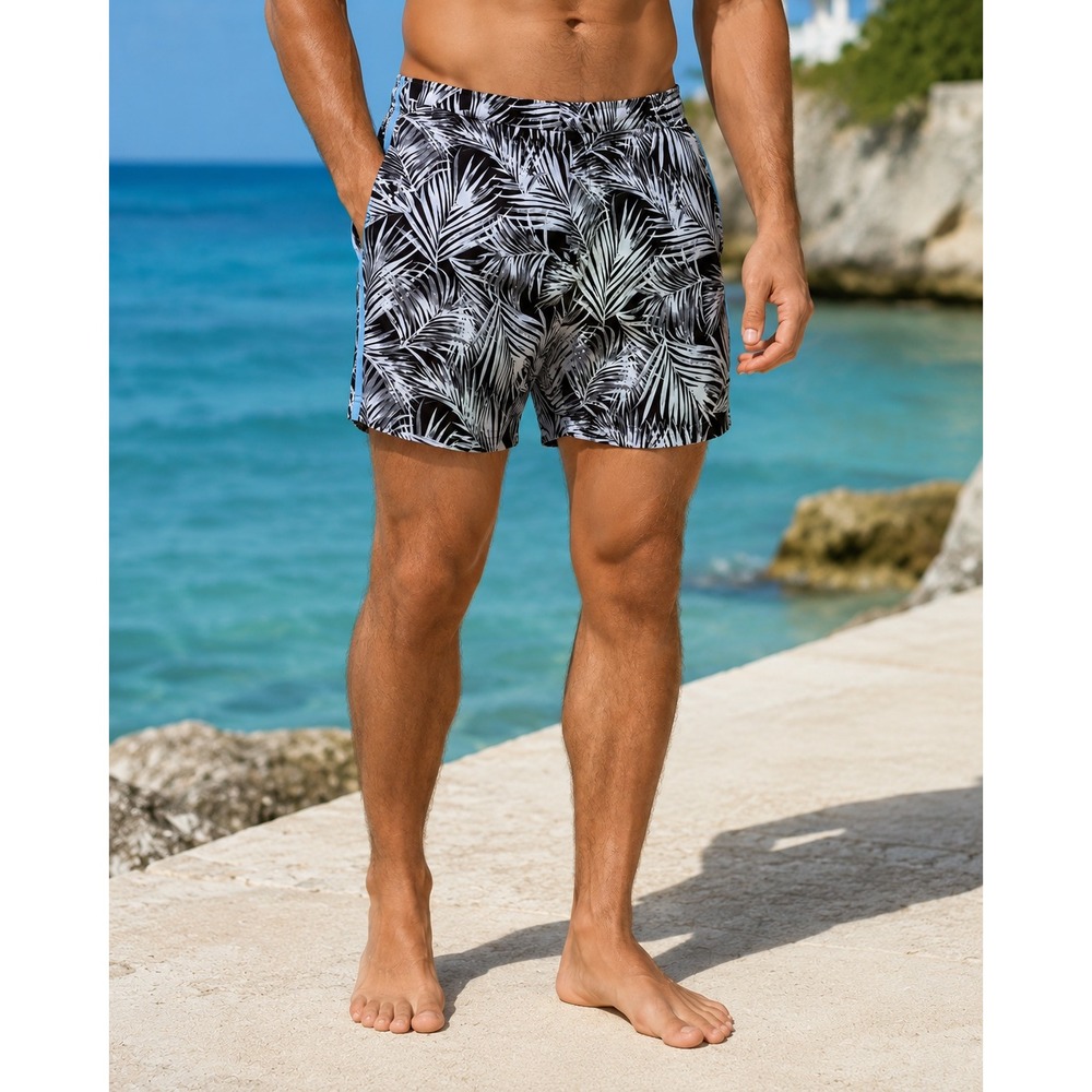 Fair Harbor Sextant Swim Trunks Mens Size 34 Black White Palm Leaf Breezeknit